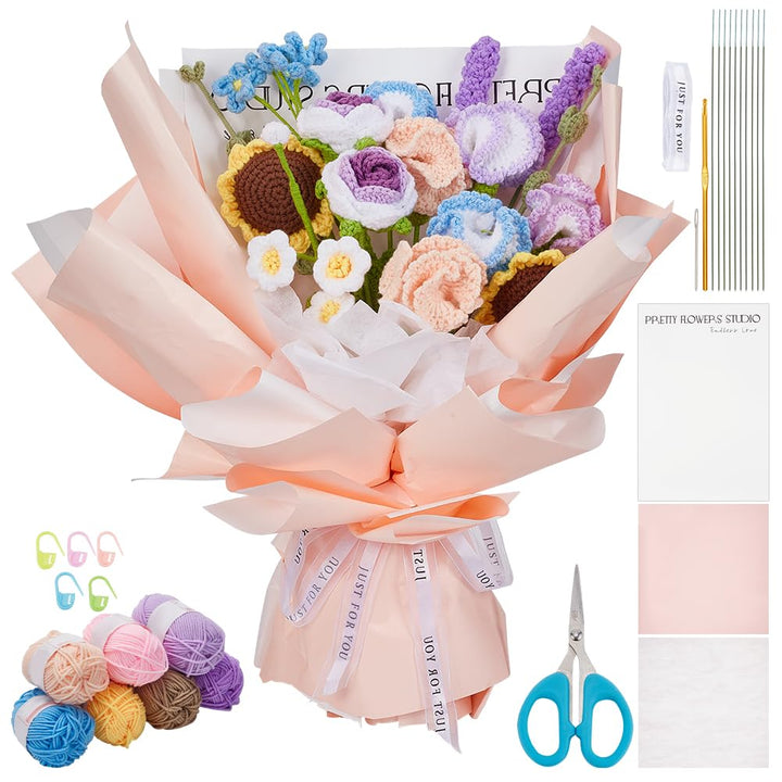 INFUNLY Häkelsets Für Gemischte Blumensträusse Für Anfänger. Komplette Blumenstrauss-Häkelsets Für E
