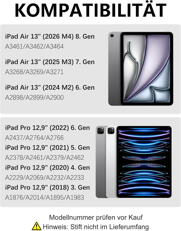 Hülle mit Tastatur für iPad Air 13" (2026 M4/2025 M3/2024 M2) & Pro 12.9" (2018-2022), Deutsches QWE