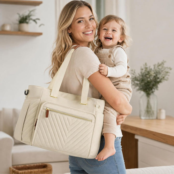 RAINSMORE Wickeltasche Gross mit Wickelunterlage &amp; Schnullertasche Cremeweiss, Cremeweiss