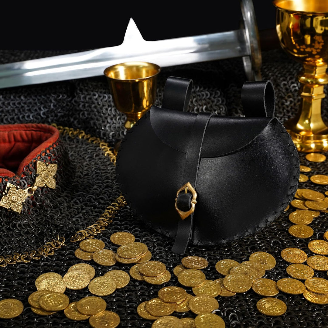 Mythrojan Mittelalterliche Wikinger-Leder-Gürteltasche LARP Renaissance-Gürteltasche – Schwarz, Schw