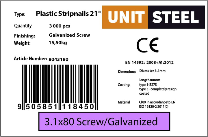 21° Rundkopf Streifennägel - 3,1X80mm, 3.000 stück, Nägel für Druckluft-Nagler, Schraube/verzinkt, f