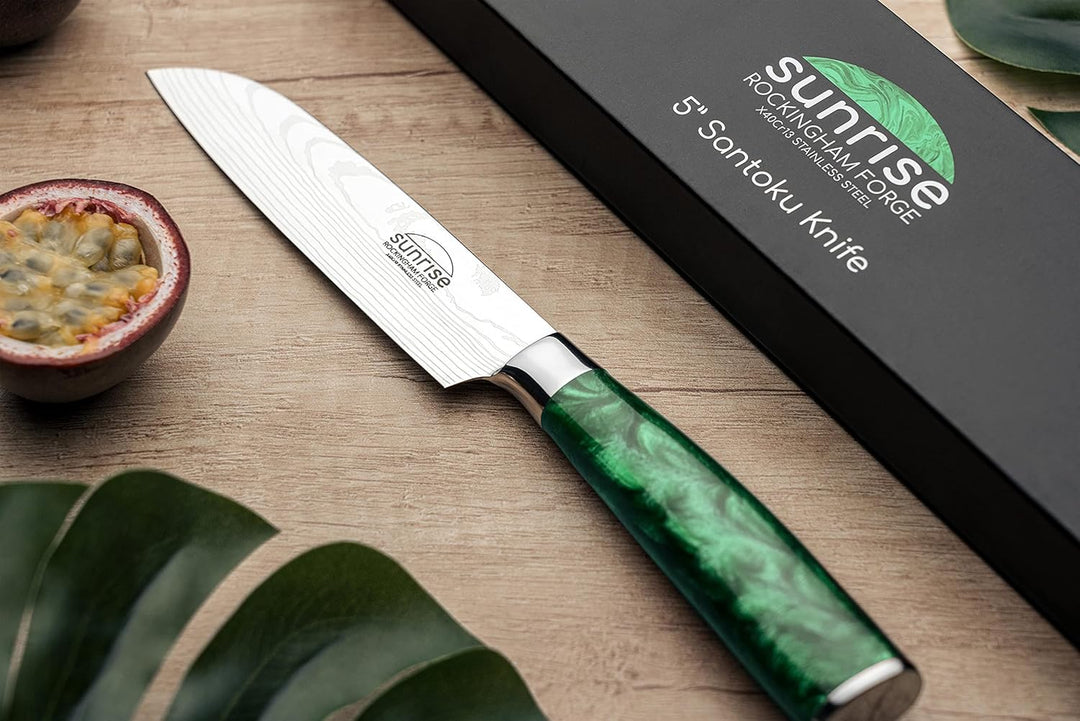 Rockingham Forge Santokumesser, Sunrise Kollektion, 12cm, Grüner Harzgriff, Klinge aus Rostfreiem St
