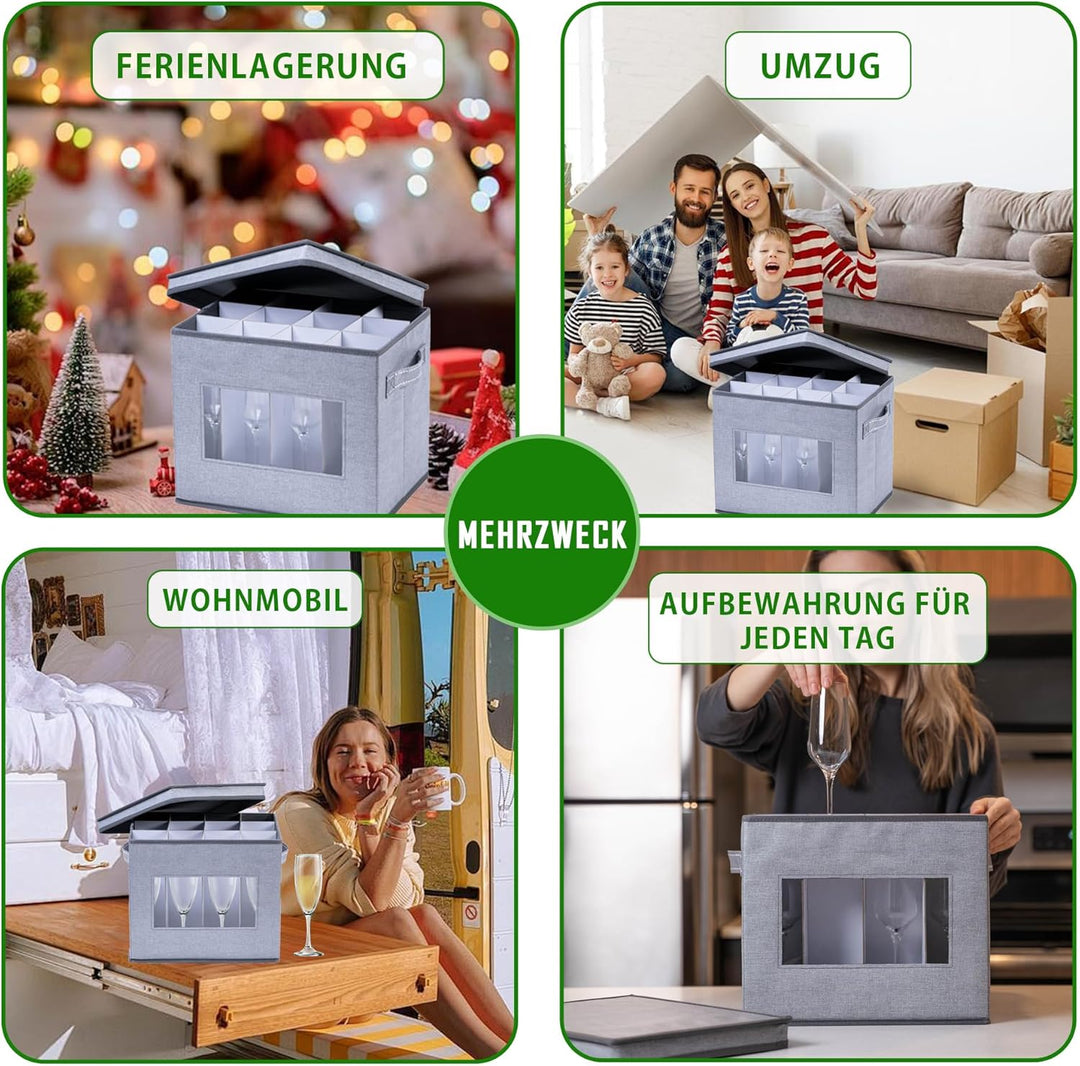 VENO Aufbewahrungsbox für Champagnerflöten aus Glas mit Deckel und Griffen, Stielgläser-Organizer, F