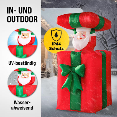 MONZANA® Aufblasbarer Weihnachtsmann 152cm Springt-aus-der-Box LED Beleuchtet IP44 Aussen Weihnachte