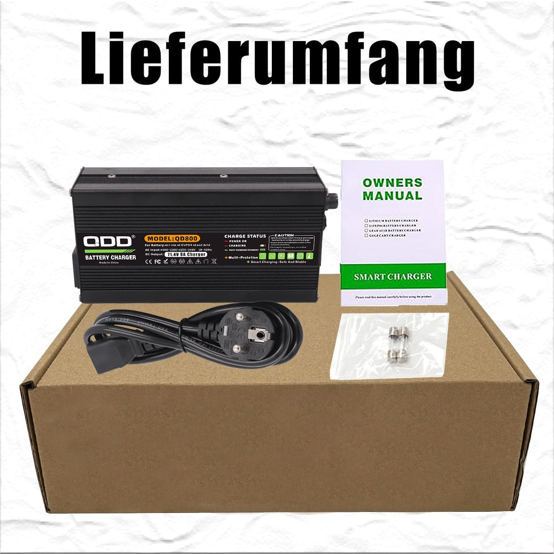 QDD 71,4 V 8 A Ladegerät 60 V Li-Ionen-Akkuladegerät Schwarzes Aluminiumgehäuse DC-Ausgang C13 N+L-A