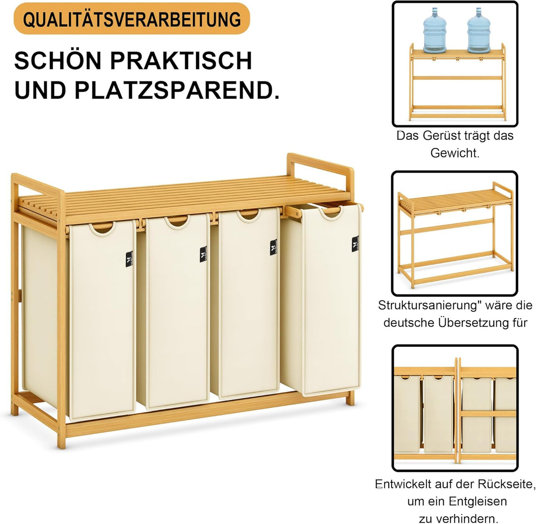 AdelDream Wäschekorb 200L, 4 Fächer Wäschesammler mit Ablage, Bambusrahmen | Wäschesortierer mit 4 x