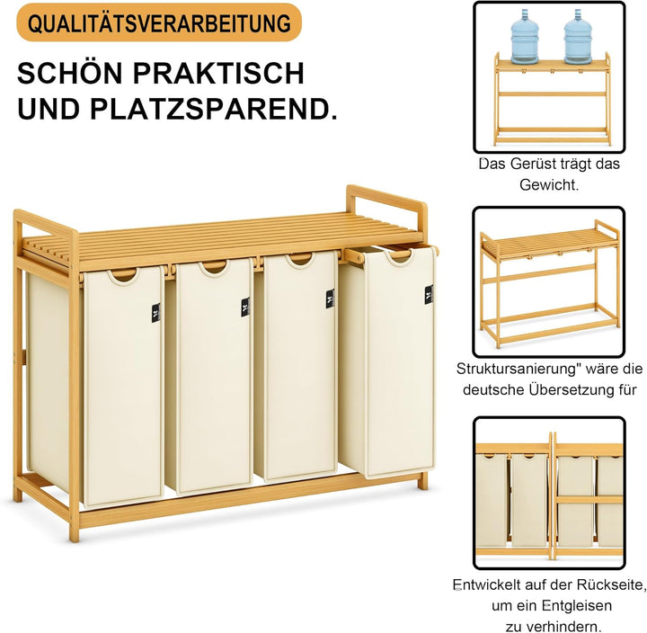 AdelDream Wäschekorb 200L, 4 Fächer Wäschesammler mit Ablage, Bambusrahmen | Wäschesortierer mit 4 x