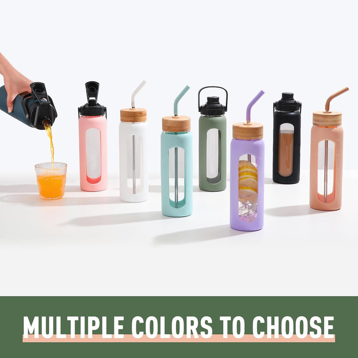 BLUEGO Trinkflasche Glas 700ml Sport Wasserflasche mit 2 Deckeln und Strohhalm Auslaufsichere Glasfl