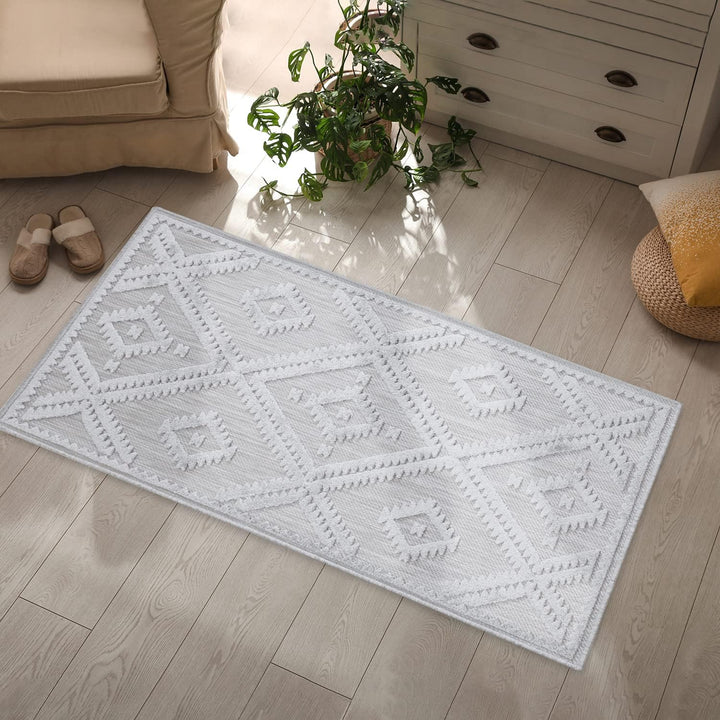 payé Teppich Läufer - Silber Grau Raute - 60x110cm - Boho Deko Teppiche für Balkon Terrasse Garten -