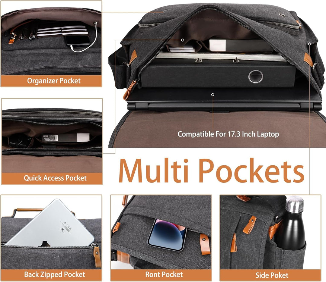ESTARER Laptoptasche 17 Zoll Umhängetasche Herren mit Federtasche Canvas Arbeitstasche Herren für Ar