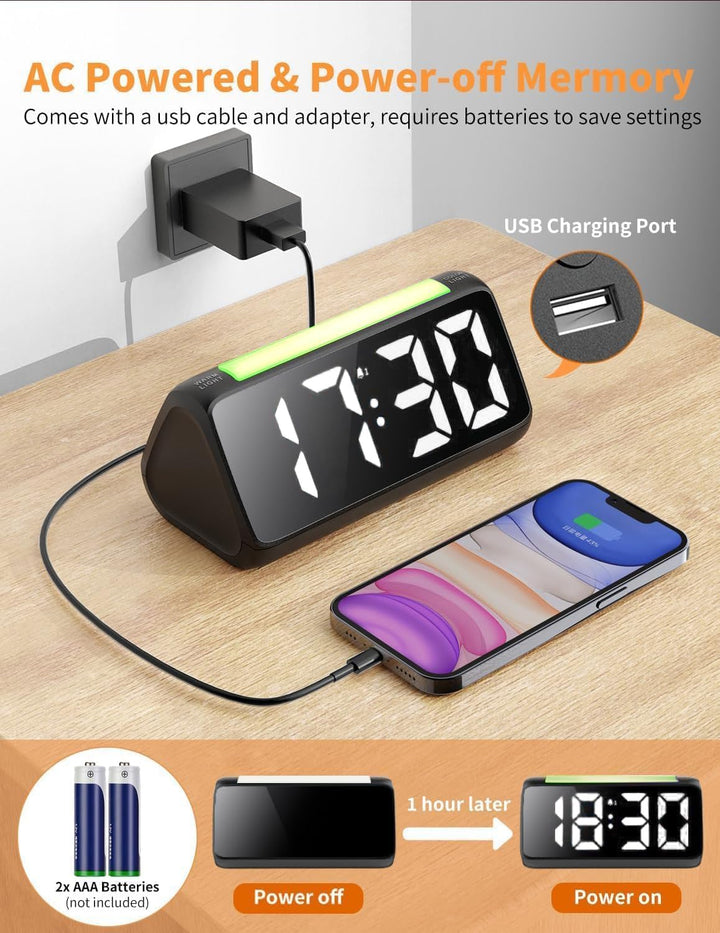 Wecker Digital, Digitaler Wecker Kinder mit Licht, Bunter LED Anzeige, 0-100% Helligkeitsdimmer, 2 A