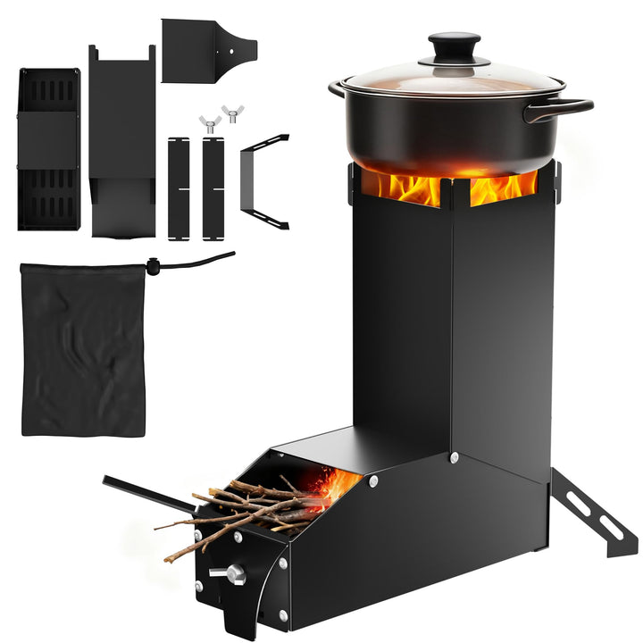 Stahl Raketenofen Outdoor Holzofen mit Abnehmbarem Oben Montiertem Quergestell für Trockentöpfen, Ca
