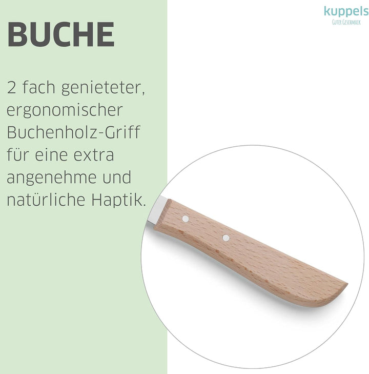 Kuppels Küchenmesser Set 3-tlg., 420HC Stahl, Buchenholzgriff | Tourniermesser, Kartoffelschäler und