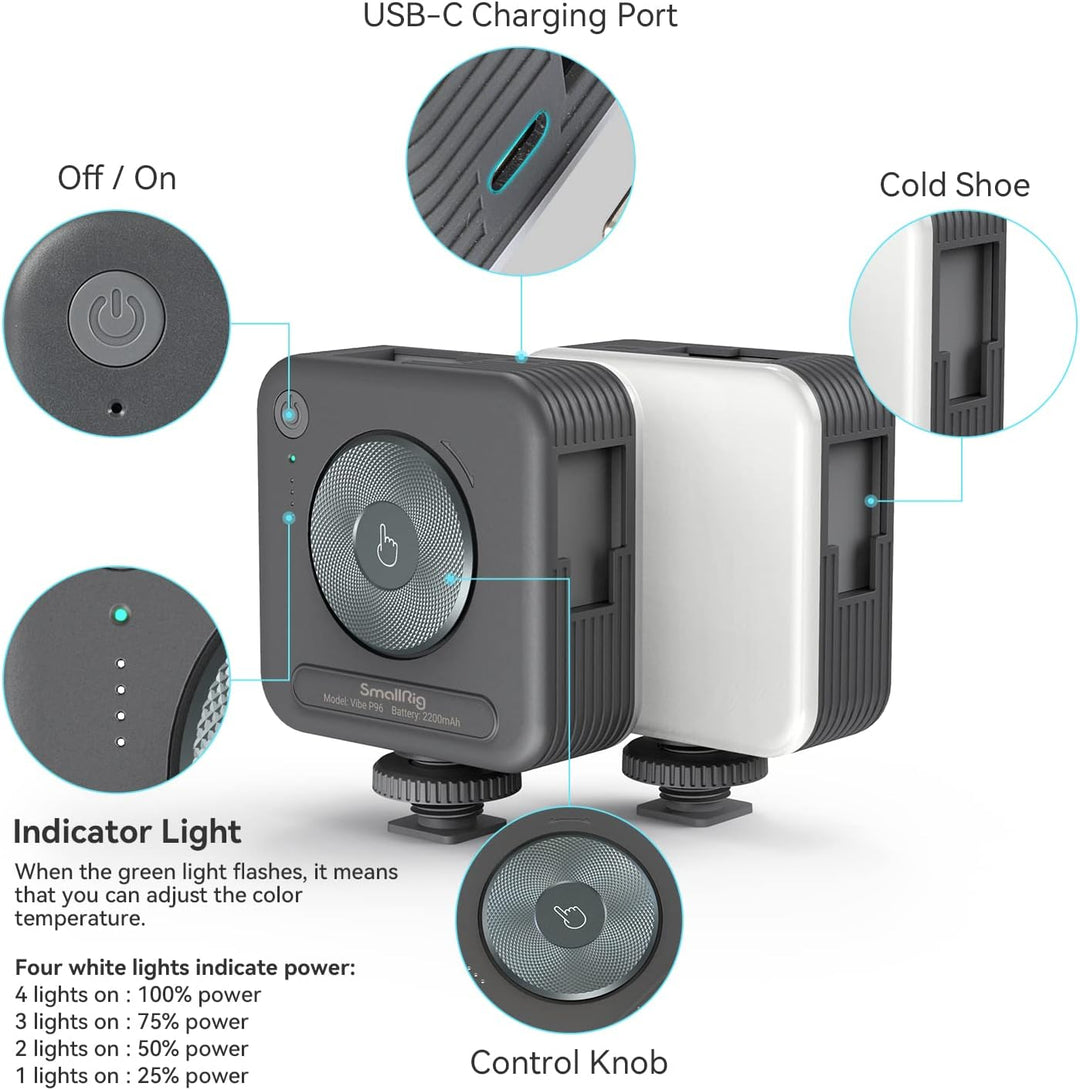 SMALLRIG P96 Mini LED Videoleuchte, 96 LED-Perlen mit Inbegriffen Cold Shoe, 1100Lux@0,3m, 103g, Tra