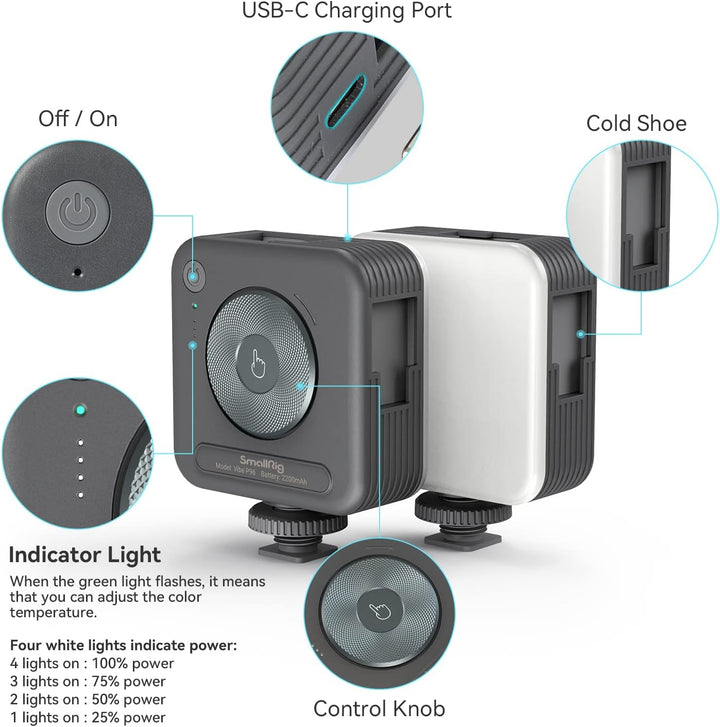 SMALLRIG P96 Mini LED Videoleuchte, 96 LED-Perlen mit Inbegriffen Cold Shoe, 1100Lux@0,3m, 103g, Tra