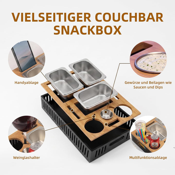 Couchbar Snackbox,Durchbrochen Snackbox mit Fächern&amp;Leuchteffekt,Bambus Sofa Tablett mit 4 Edelstahl
