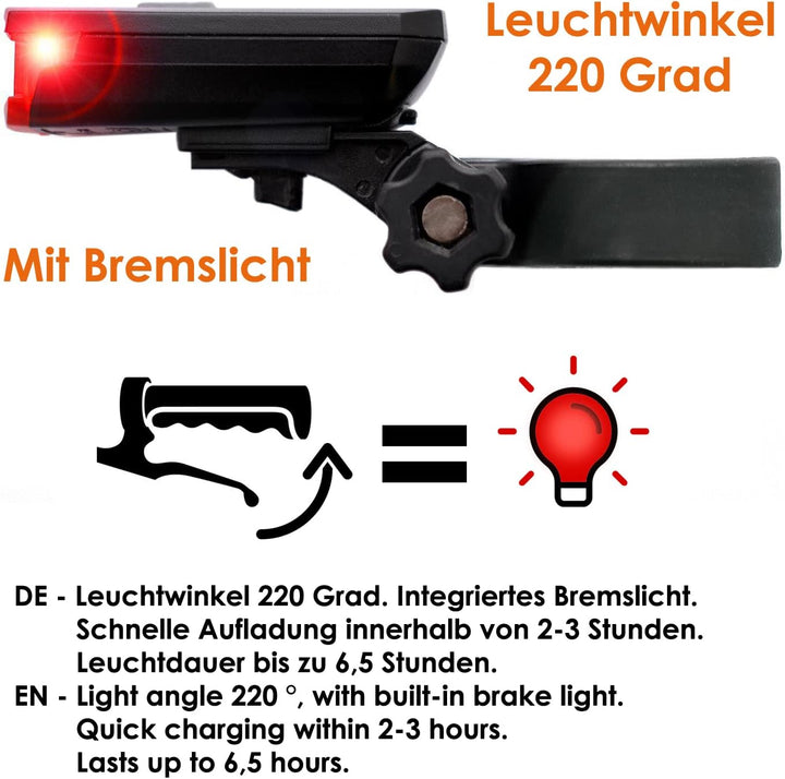 nean CREE LED Akku Fahrradlicht Beleuchtungsset mit Lichtautomatik und Bremslicht, 60 LUX, 6 cd, StV