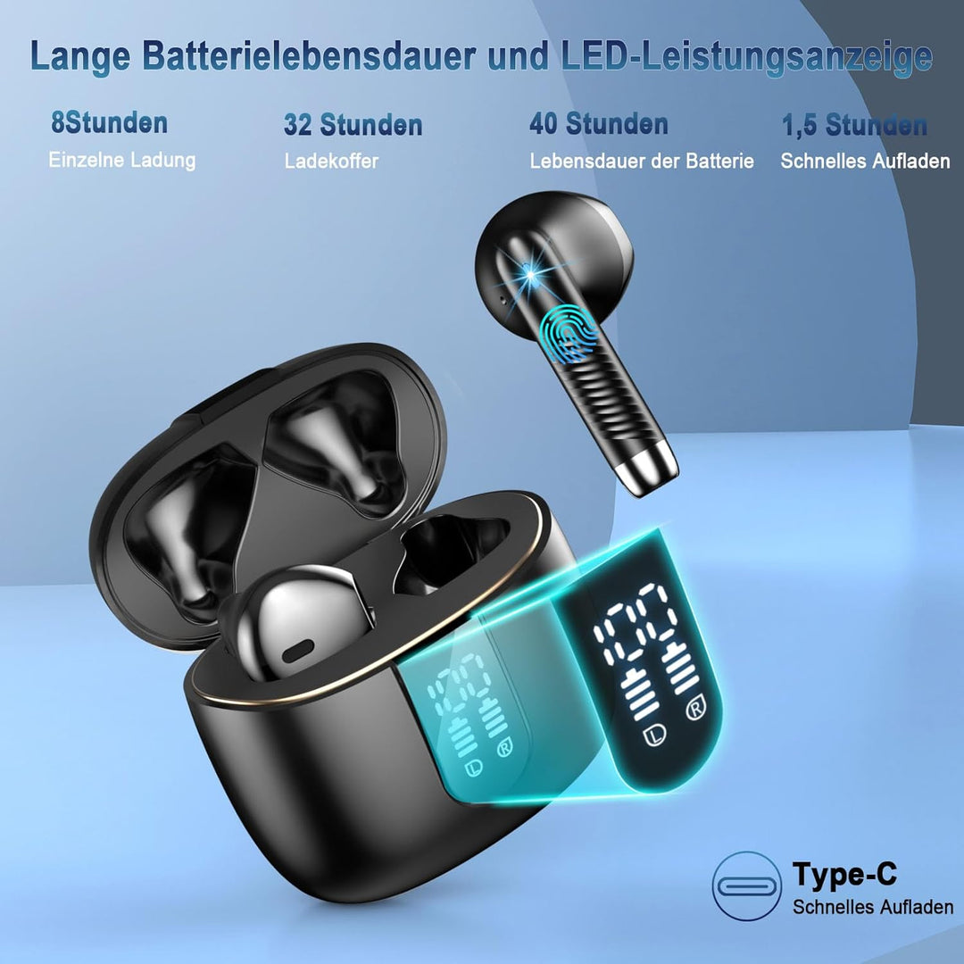 Bluetooth 5.3 Kopfhörer, In Ear Kopfhörer Kabellos mit 4 Mic, 48H Tiefer Bass Spielzeit Wireless Ear