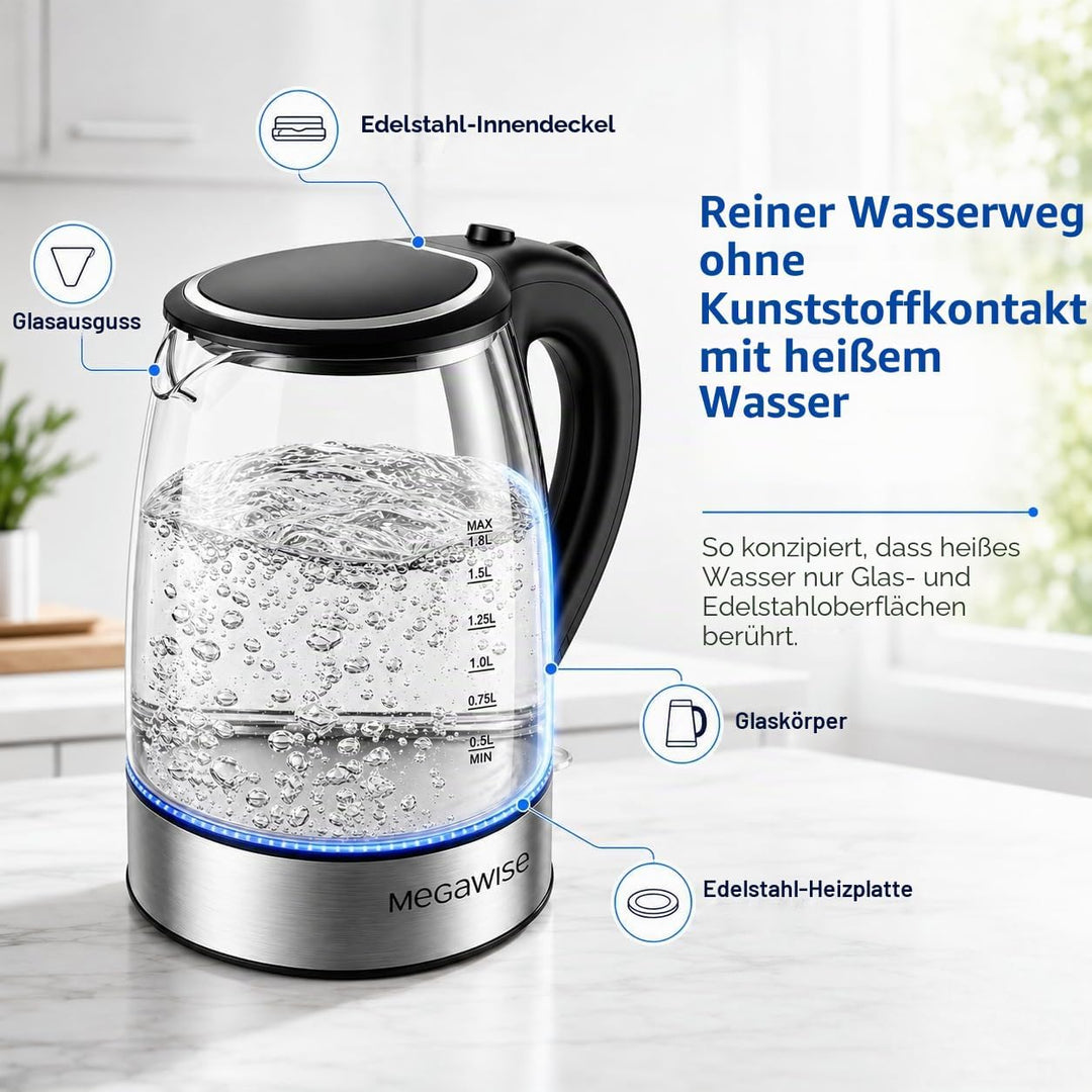 MegaWise Glas-Wasserkocher 1,8L, 1800W elektrischer Wasserkocher mit automatischer Abschaltung, Troc