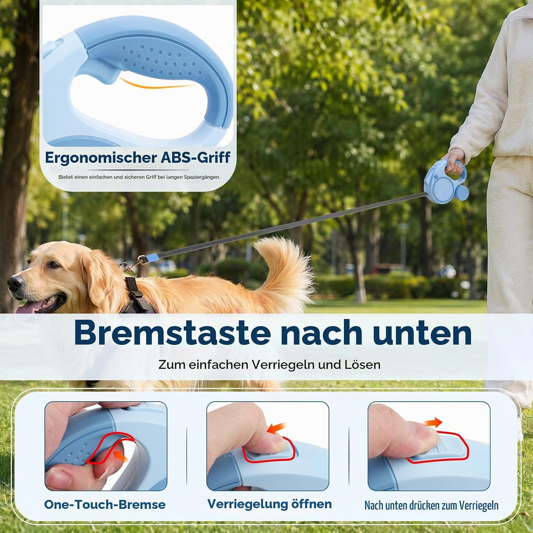 Hundeleine 5m, Ausziehbare Rollleine für Hunde mit LED-Licht und Kotbeutelhalter, 360° Verknotungsfr