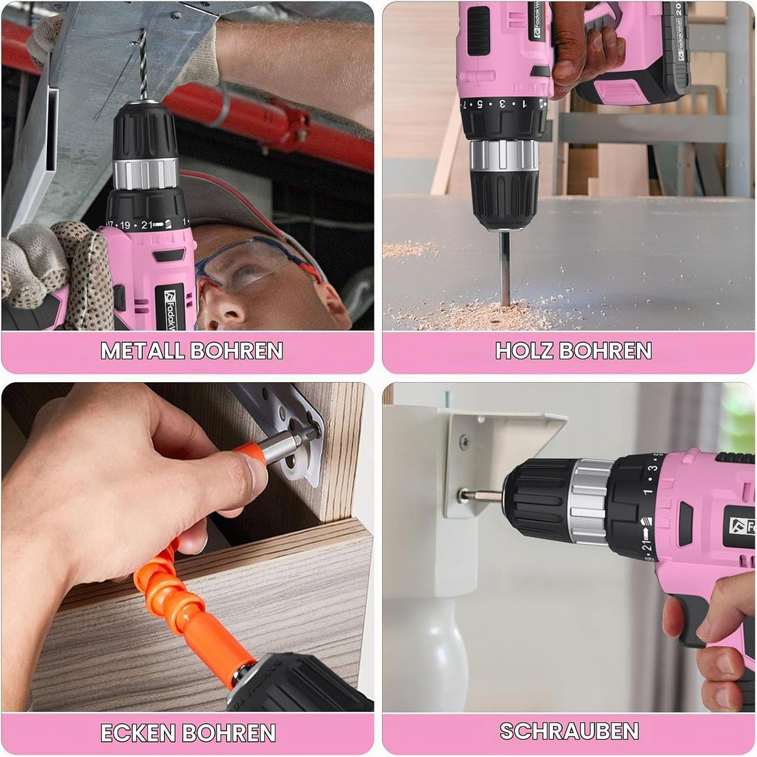 FADAKWALT Akkuschrauber, 20V Akku Bohrmaschine mit 2000 mAh Akku, 21+1 Drehmomentstufen, 60-tlg Akku