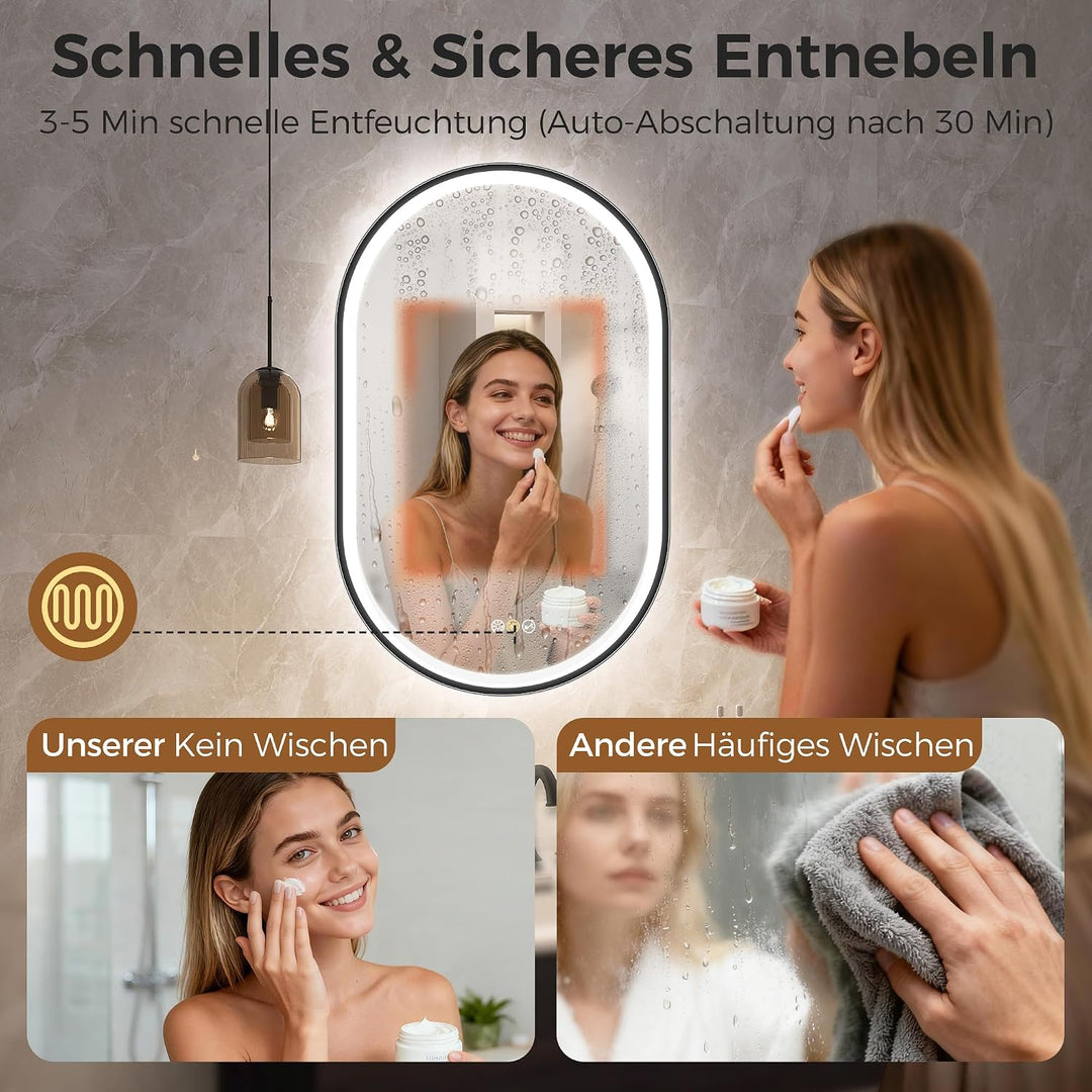 STARLEAD Schwarz Oval-LED-Badspiegel-mit-Beleuchtung 80x50cm, Bluetooth, Dimmbar, 3 Lichtfarben, Ent