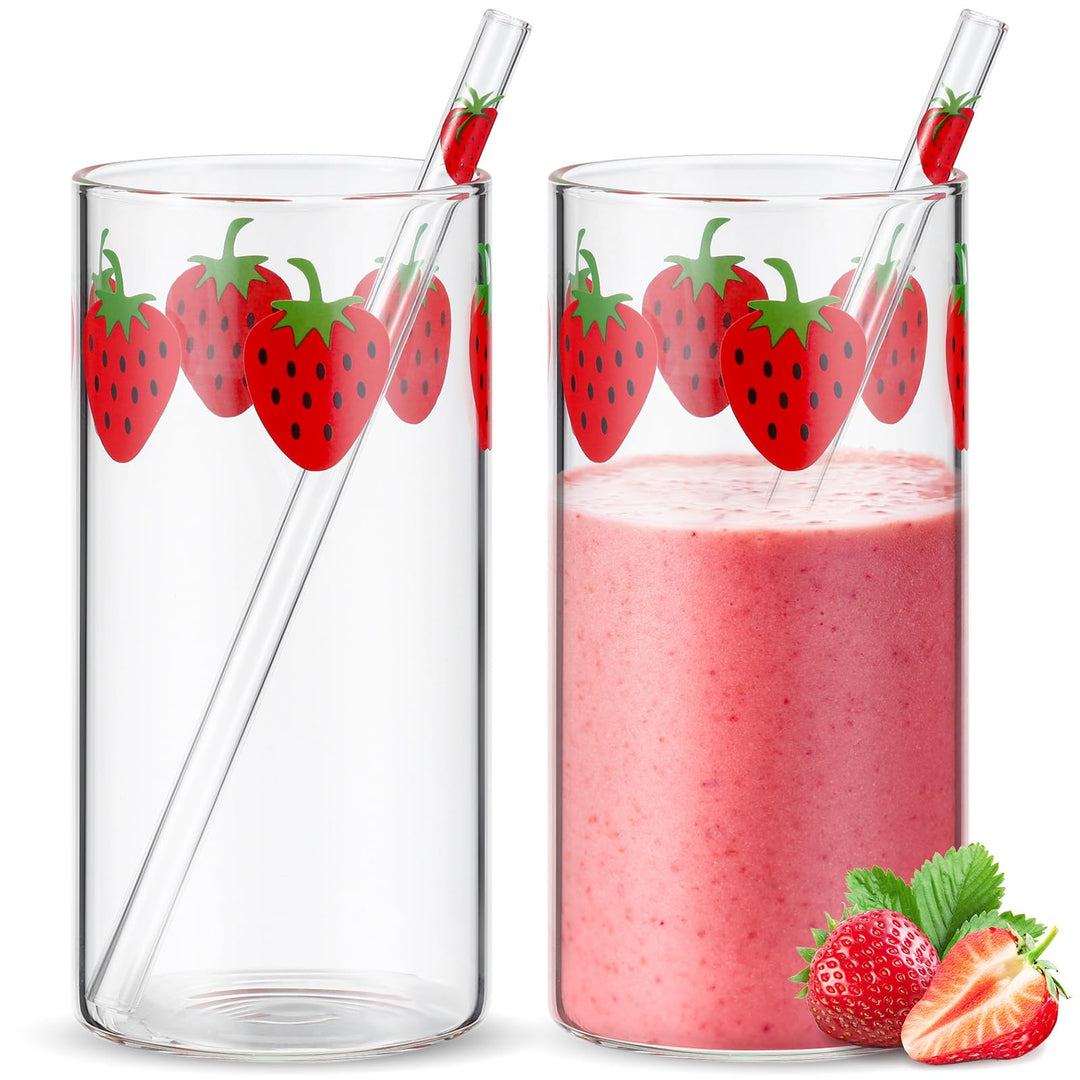 Tessco Erdbeerbecher mit Strohhalm, Glasbecher mit Strohhalm, transparent, Beerenmuster, Gläser, Fla
