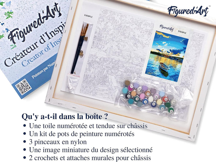 Figured'Art Malen Nach Zahlen Erwachsene Mit Rahmen Boot und Sonnenaufgang - Paint by Numbers Bastel