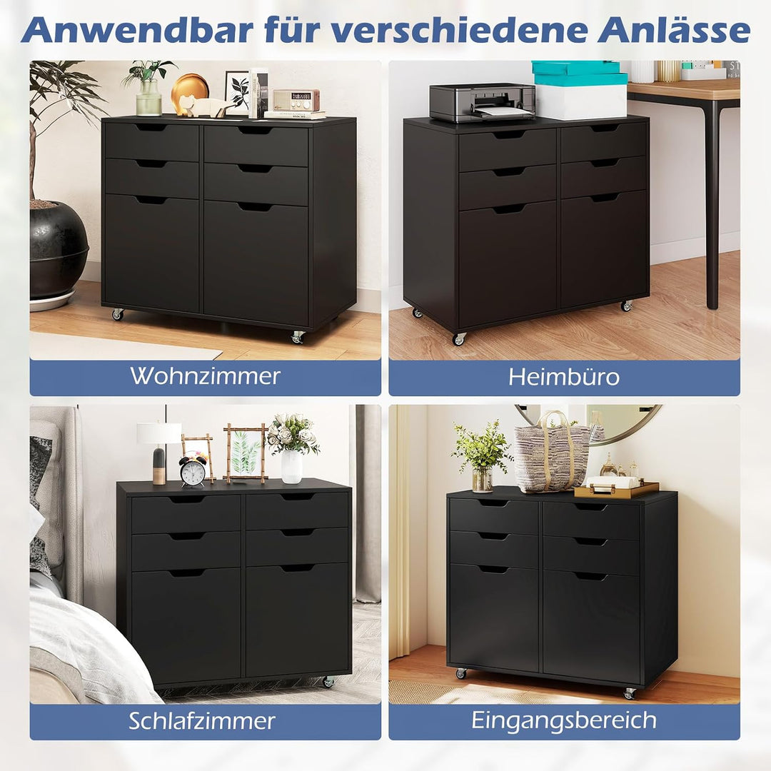 GOPLUS Rollcontainer mit 4 Schubladen, mobiler Aktenschrank mit 2 Türen, Büroschrank mit Rollen, Bür
