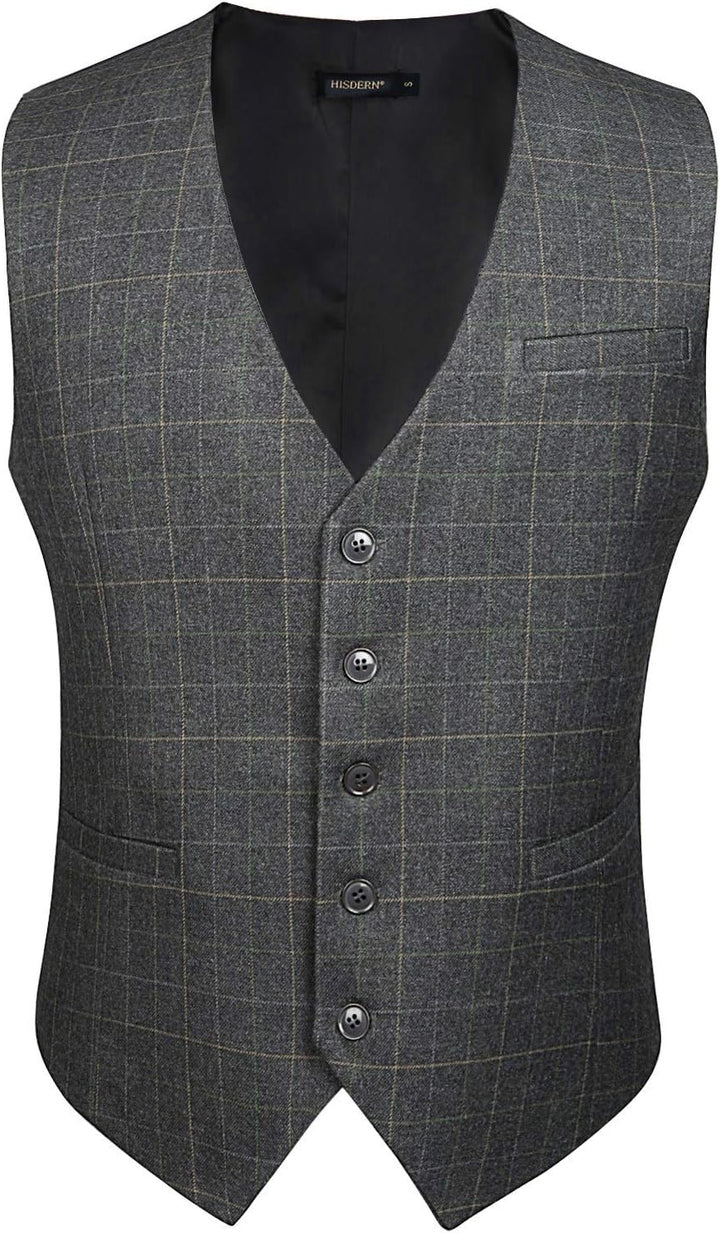 HISDERN Manner Formale Hochzeitsfeier Weste Baumwolle Plaid Kleid Anzug Weste für Herren hellgrau M,