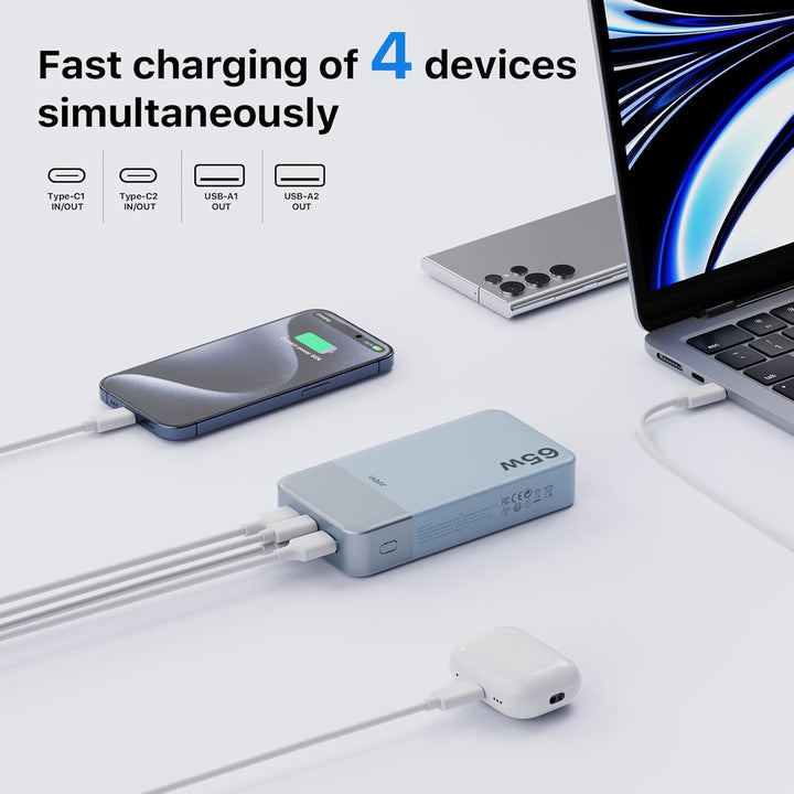 JUOVI Power Bank 65W, Powerbank 20000mAh, Laptop powerbank schnellladefunktion 2 USB-C und 2 USB-A,