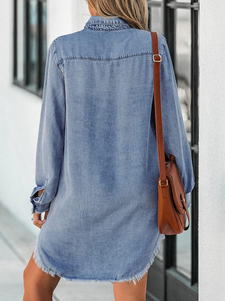 CUPSHE Damen Jeanshemd V Ausschnitt Knopfleiste Brusttaschen Asymmetrisch Jeansbluse Hemdblusen Deni