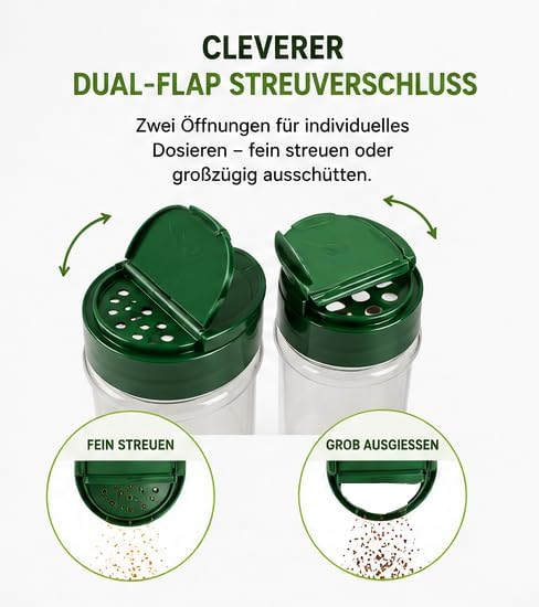 NaturGut 20 leere PET-Gewürzdose 100 ml mit UV-Schutz inkl. grüner Streuverschluss Dual Flap Flapper