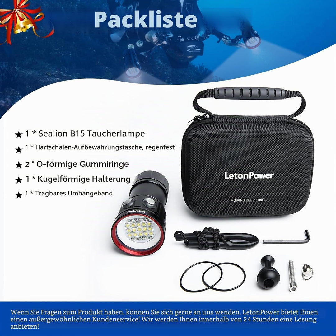 LetonPower B15 Tauchen Taschenlampe, 8000 Lumens Super Bright Underwater 80m Video Light, Scuba Dive