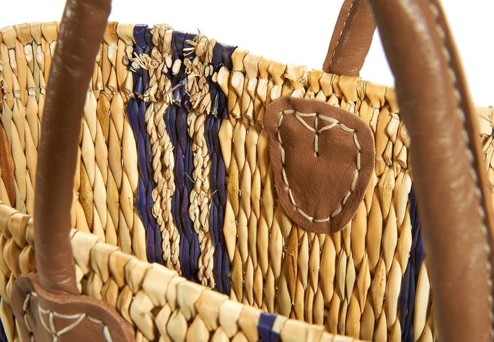 Kobolo Tasche Seegrastasche Korbtasche Strandtasche - Lederhenkel - Muster in blau