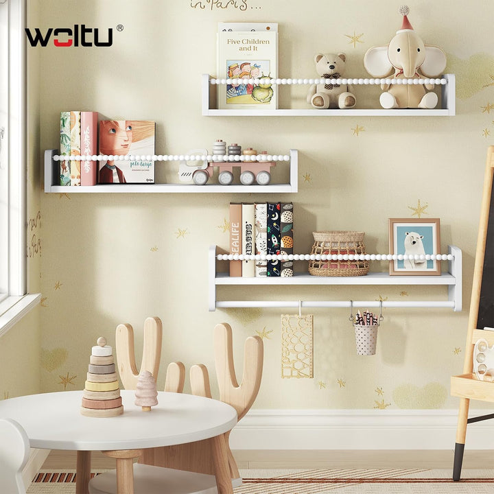 WOLTU 3er Set Kinder Bücherregal Wand, 60cm Wandregal Kinderzimmer, aus Massivholz, Hängeregal Schwe