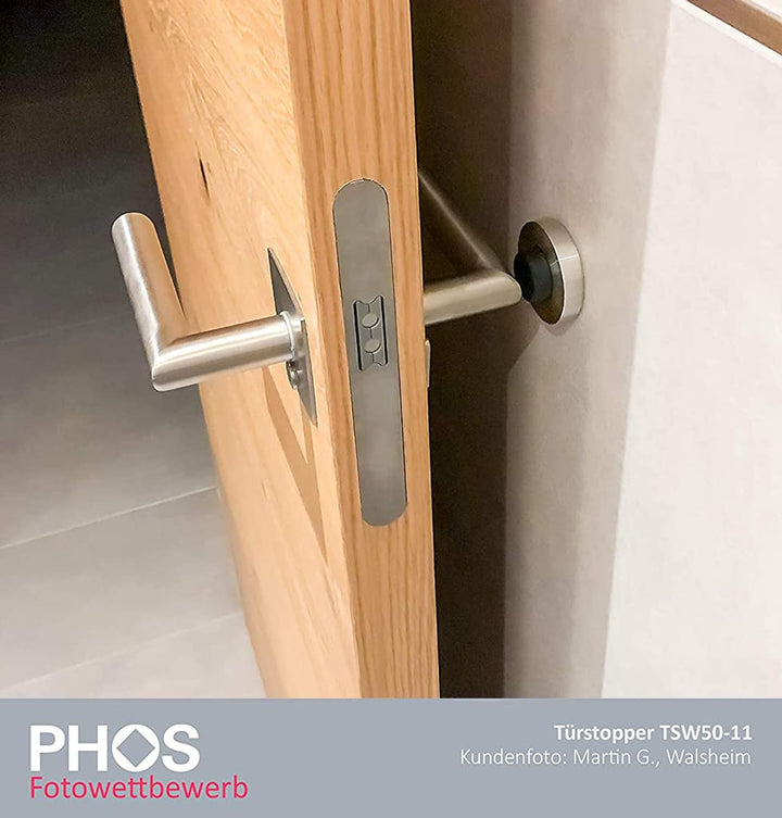 PHOS Design, TSW50-11, Edelstahl Wandtürstopper mit Gummi-Puffer, verdeckte Verschraubung, Türstoppe