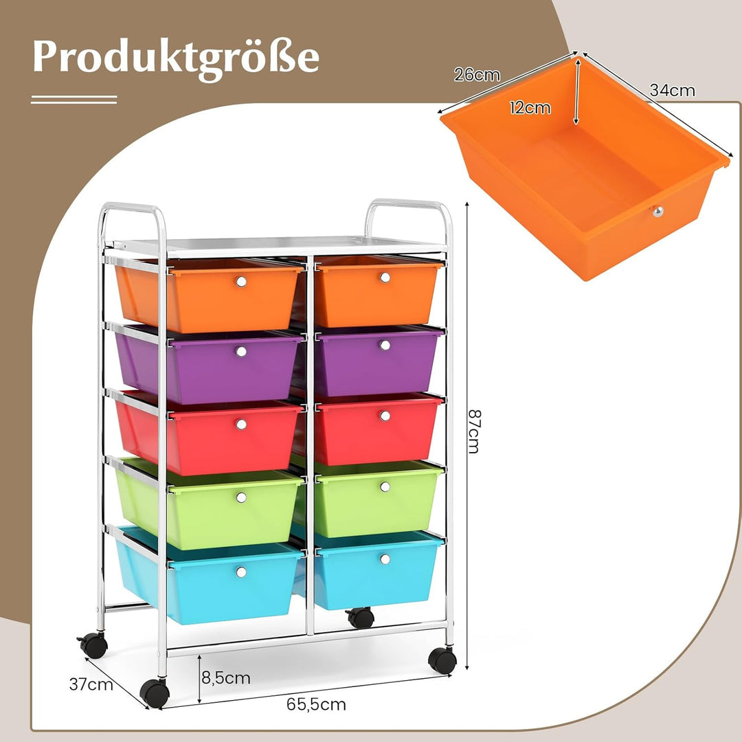 COSTWAY Rollwagen mit 10 stapelbaren Schubladen, Schubladenwagen Rollcontainer mit Metallgestell und