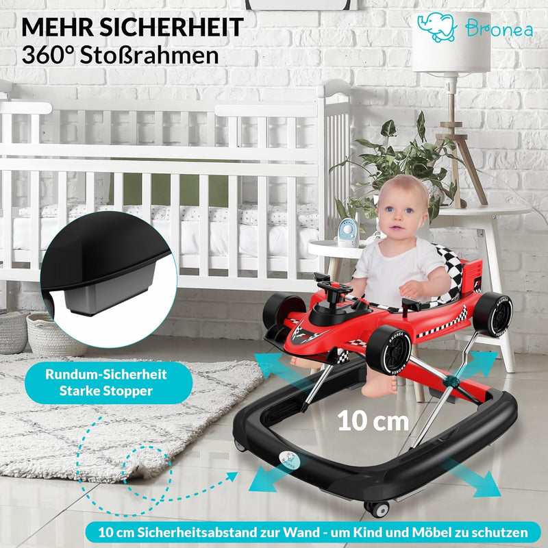 BRONEA® 4-in-1 Baby Lauflernhilfe Babywalker ab 6 Monate | Gehfrei als Auto mit Lenkrad & Musik | Hö