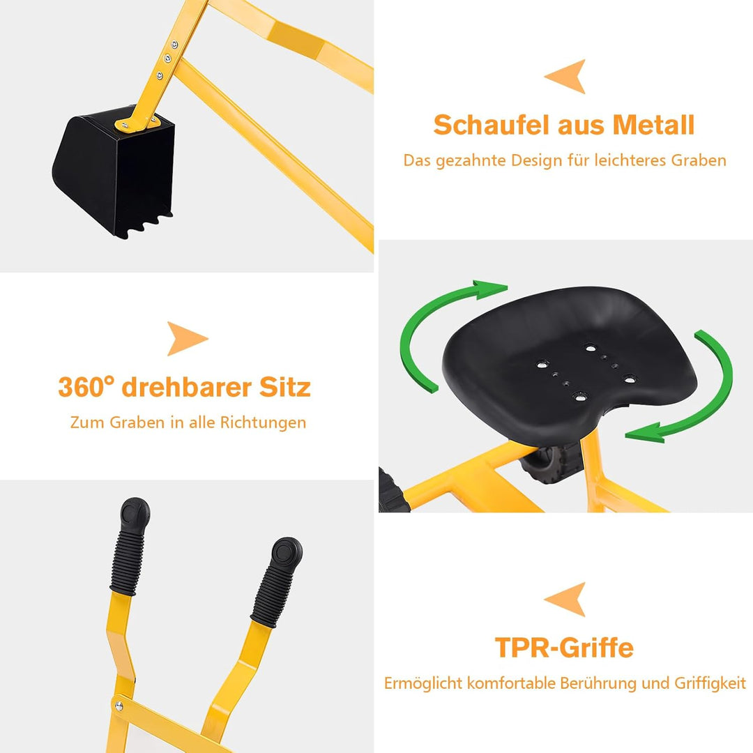 GOPLUS Kinder Sitzbagger, Sandbagger Aufsitzbagger mit 360°drehbarem Sitz & grosser Schaufel & Gummi