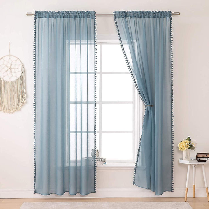 MIULEE Vorhänge mit Pompons-Niedlich Blau Gardinen 2-Set für Kinderzimmer, Transparent Gardinen mit
