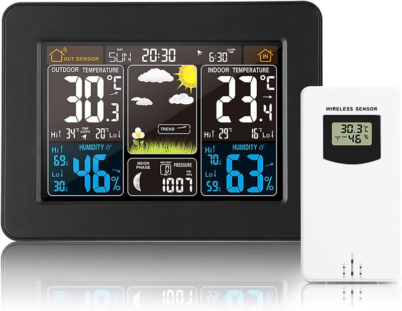 ALLOMN Kabellose Wetterstation, Farbdisplay LCD Digitale Wetterstation mit Sensor, Wecker, Temperatu