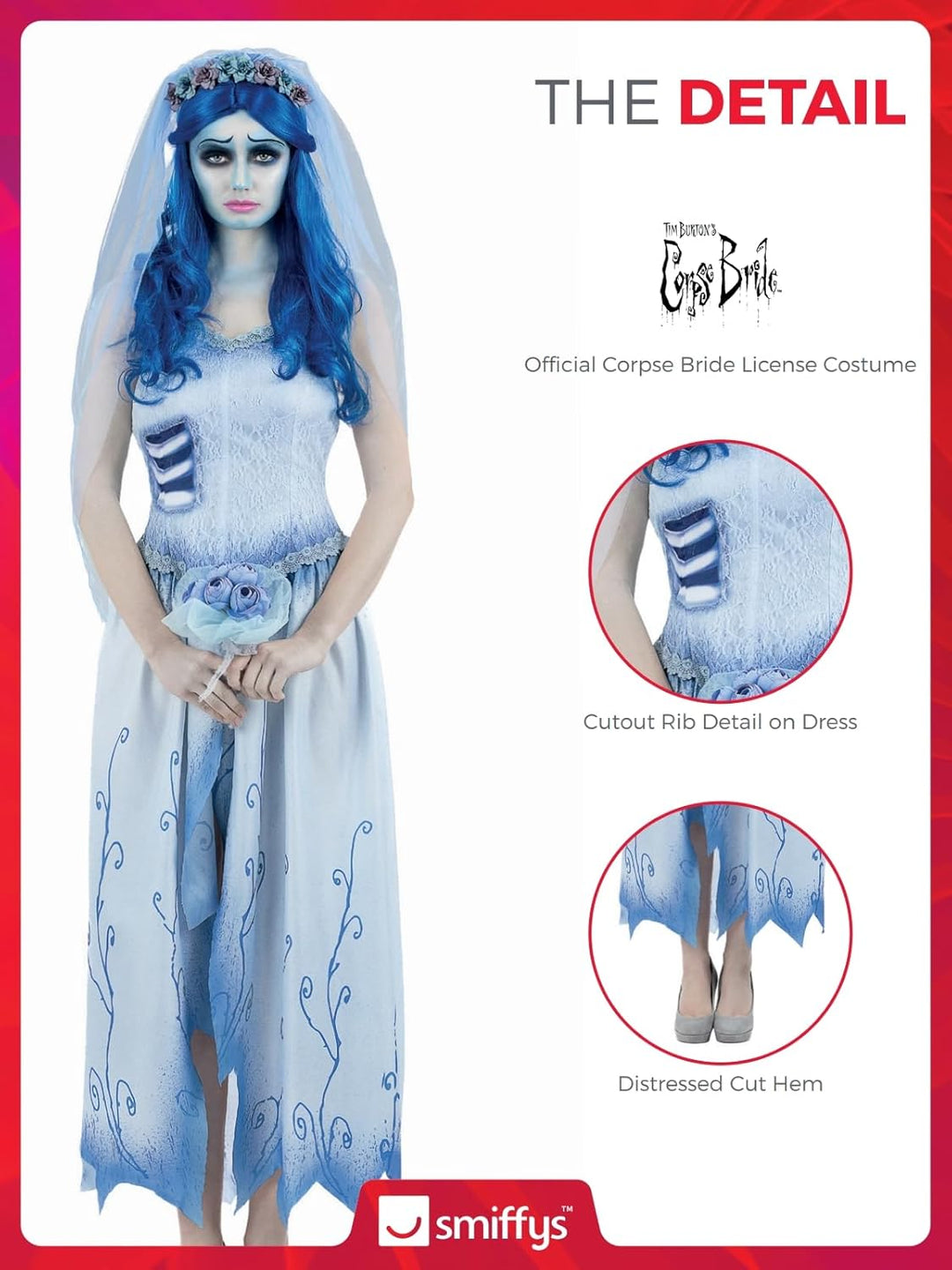 Smiffys Corpse Bride Emily Kostüm für Erwachsene, Kleid und Stirnband mit Schleier, offiziell lizenz