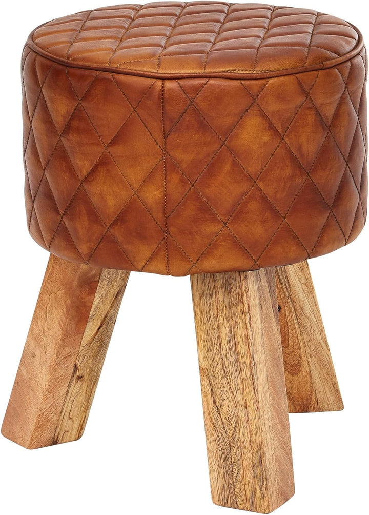 FineBuy Sitzhocker Echtleder/Massivholz 35x46x35 cm Modern Fusshocker Rund | Turnbock Lederhocker Br