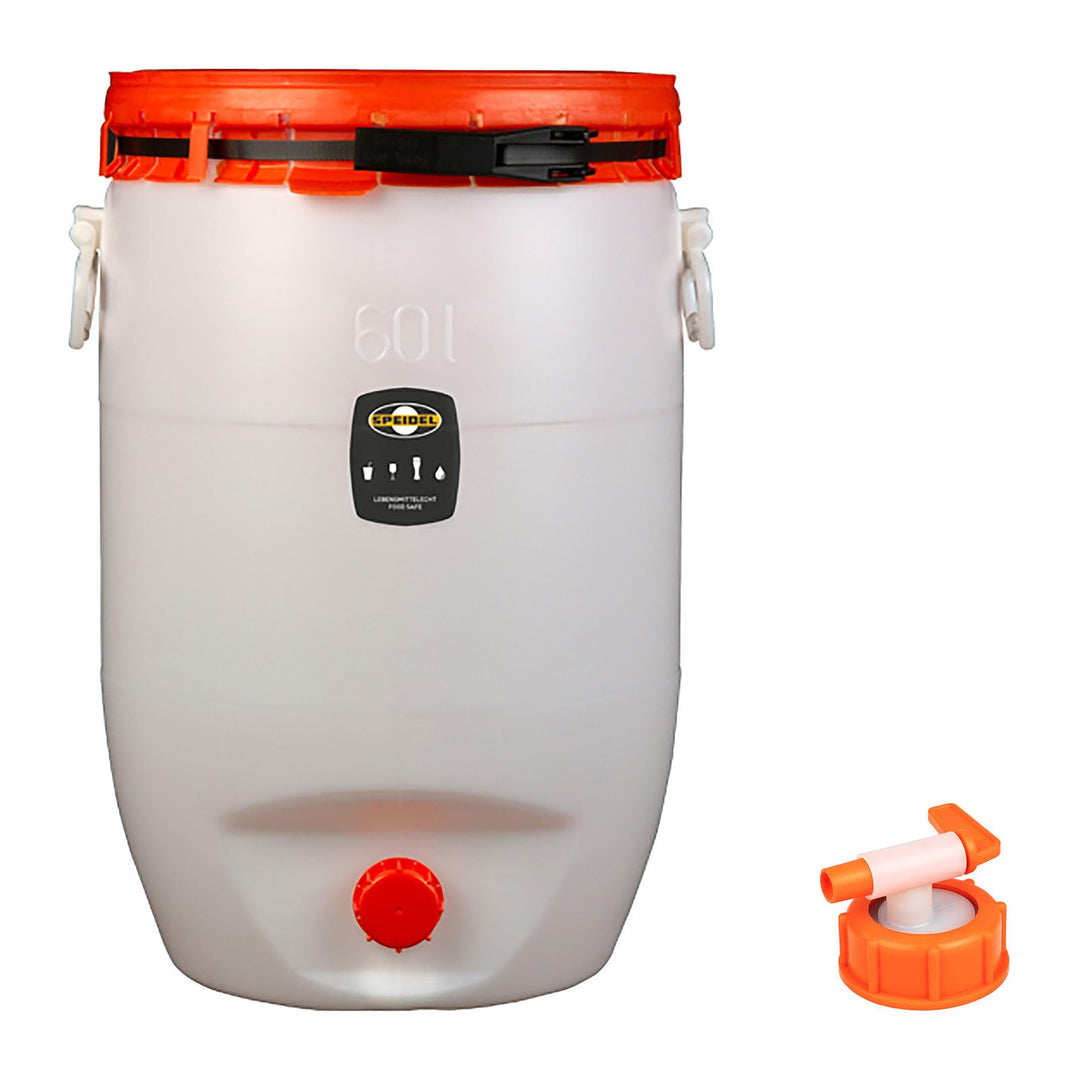 Mostfass 60 Liter mit Auslaufhahn NW10, Gärfass PE (60 L rund) für Most, Wein, Cider, Säfte, Glühwei