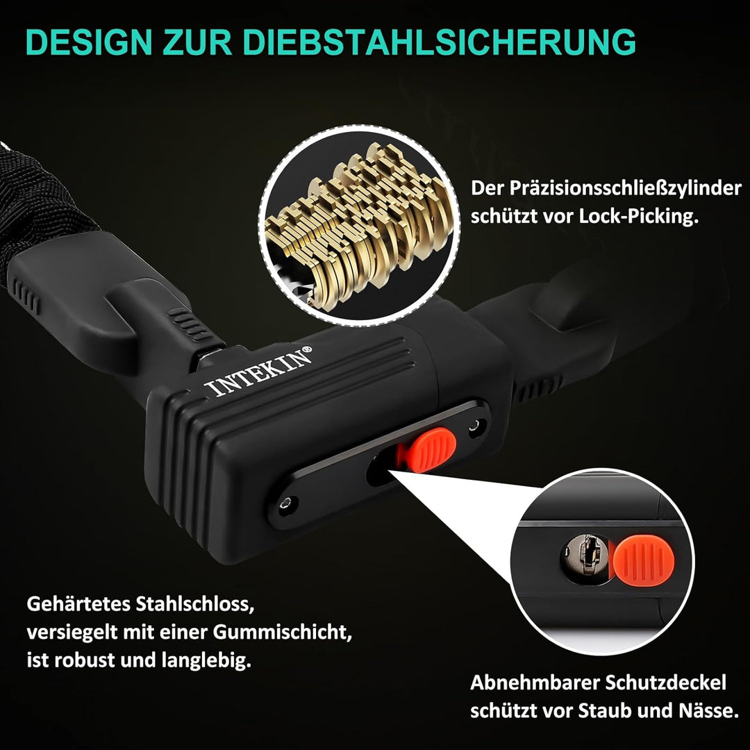 INTEKIN Kettenschloss 120cm lang, Schwer Motorrad-/ Fahrradschloss aus 8mm gehärteter Stahlkette, Ho