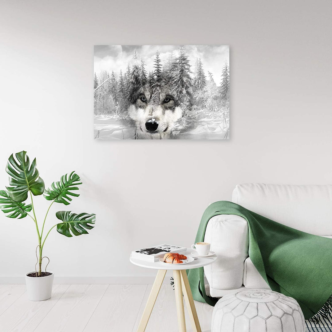 Feeby Wanddeko Wolf Leinwandbild Kunstdruck Winter Weiss 90x60 cm Leinwandbild 90x60 cm Weiss_b, Lei
