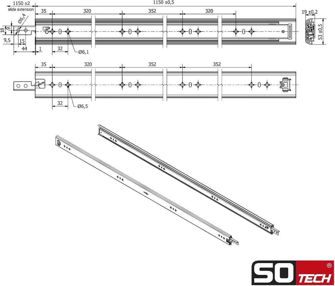 1 Paar SOTECH Schwerlastauszüge VarioSlide KV2-100-H53-L1150-EH 1150 mm mit Lock-in/out Einrastfunkt