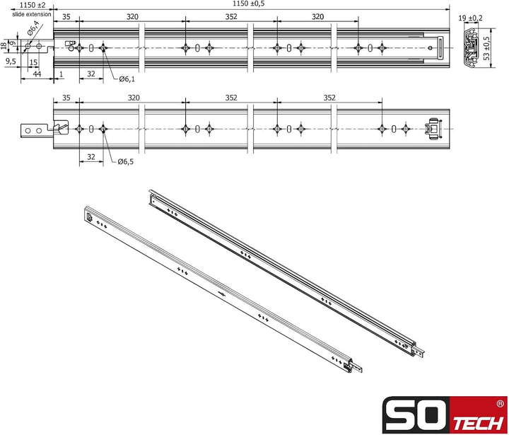 1 Paar SOTECH Schwerlastauszüge VarioSlide KV2-100-H53-L1150-EH 1150 mm mit Lock-in/out Einrastfunkt