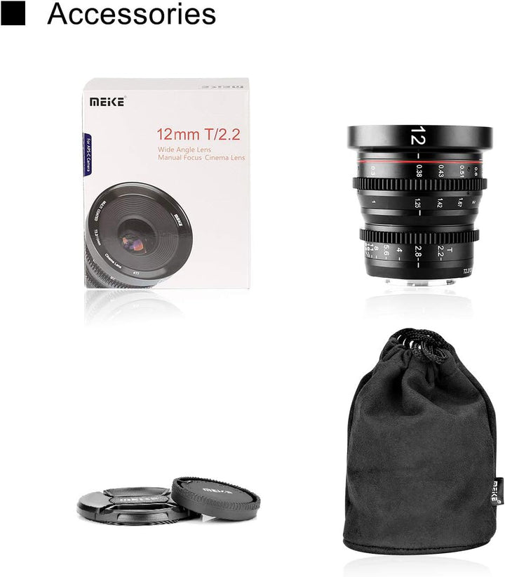 Meike 12mm T2.2 Manual Focus Wide Angle Fixed Prime Cinema Lens for M43 Micro Four Thirds MFT Mount